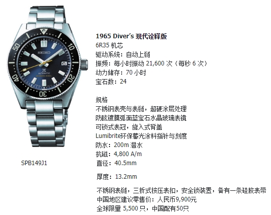 SEIKO 潜水表 55 周年限量版 1965 Diver’s 复刻版